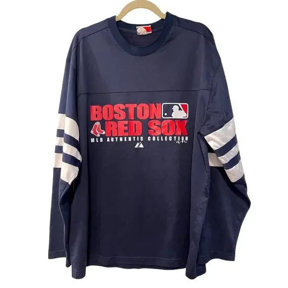 Vintage MLB Boston Red Sox Men's L Long Sleeve Warm Up Baseball Jersey Navy Blue - Picture 1 of 6